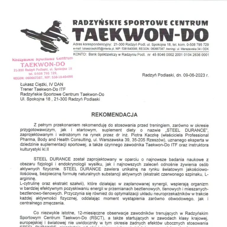 Rekomendacja dla Steel Durance – Radzyńskie Sportowe Centrum Taekwon-Do